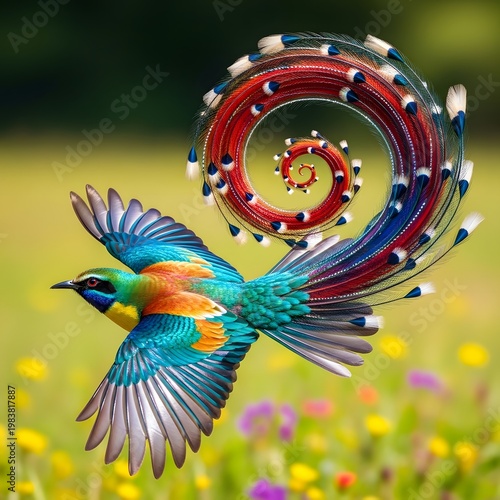 Colorful bird in flight, vibrant feathers, swirling abstract design, nature background