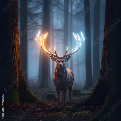 Majestic deer, glowing antlers, mystical forest, wildlife photo