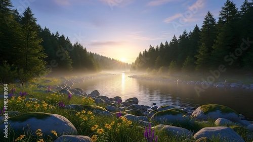 Serene River Landscape at Dawn with Mist and Sunlight.