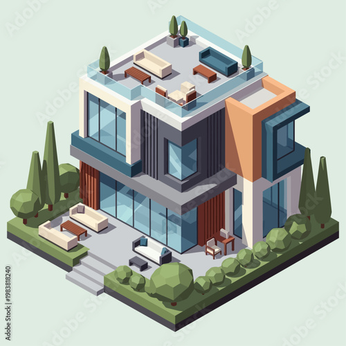 Modern house with rooftop patio and garden.