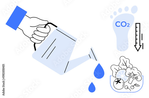 Environmental awareness, sustainability, carbon footprint reduction, low emissions, eco-lifestyle, green living. Hand watering plants with CO2 footprint graphic. Sustainability and carbon footprint