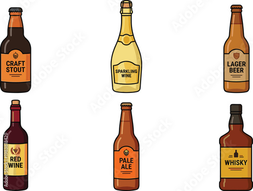 Alcohol Beverage Bottles Set Featuring Craft Stout, Lager Beer, Red Wine, Whiskey, and Sparkling Wine with Unique Labels