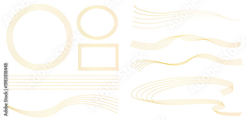 ゴールドのシンプルな飾り枠線・ラインのイラストセット（波線、波模様、五線譜）
