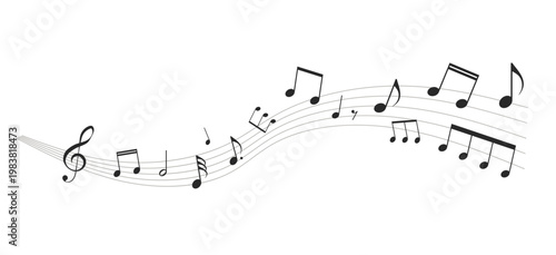 遠近感のある楽譜のフレームイラスト　五線譜　背景イラスト　音符