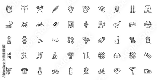 Bike accessory icon set. Cycling vector icons pack. Includes helmet, bike, pedal, gear, pump, bottle, tools and more. Minimal line illustration.