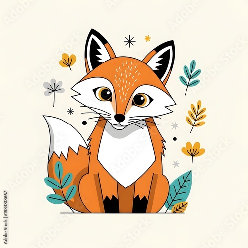 Cute cartoon fox, orange wildlife illustration, floral background, vector animal design