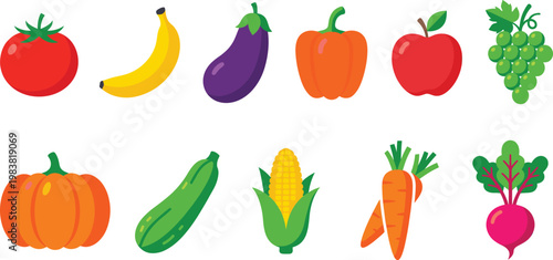 Fresh Fruits and Vegetables Icon Set Featuring Tomato, Banana, Pumpkin, Carrot, Eggplant, and Grapes