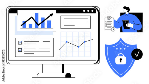 Data analytics. Secure data processing with charts, graphs, and a shield icon cybersecurity. Data analytics for business, finance, security apps, technology, and education