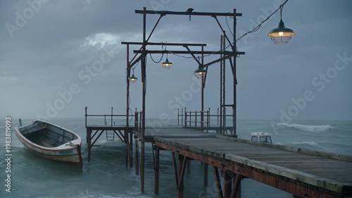 Abandoned Fishing Pier During Violent Storm as Empty Boats Collide Beneath Haunting Harbor Skies Tonight