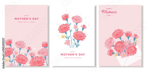 母の日のカーネーションカードセット ピンクの花のやさしいグリーティング　ベクターイラスト背景
