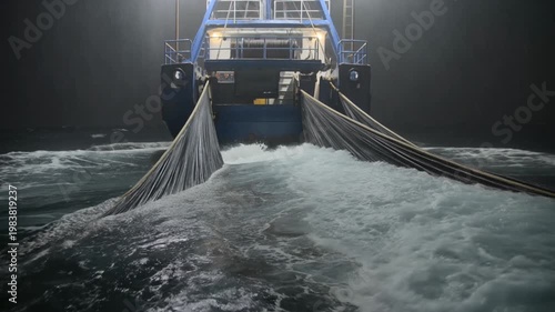 Trawler Stern at Night in Violent Rain With Dragging Nets Creates Extreme Ocean Drama