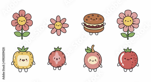 Cute and colorful cartoon characters of flowers, fruits, and a cookie.