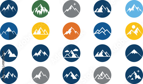 Mountain Icon Set with Different Colors and Designs Representing Scenic Views and Outdoor Adventure