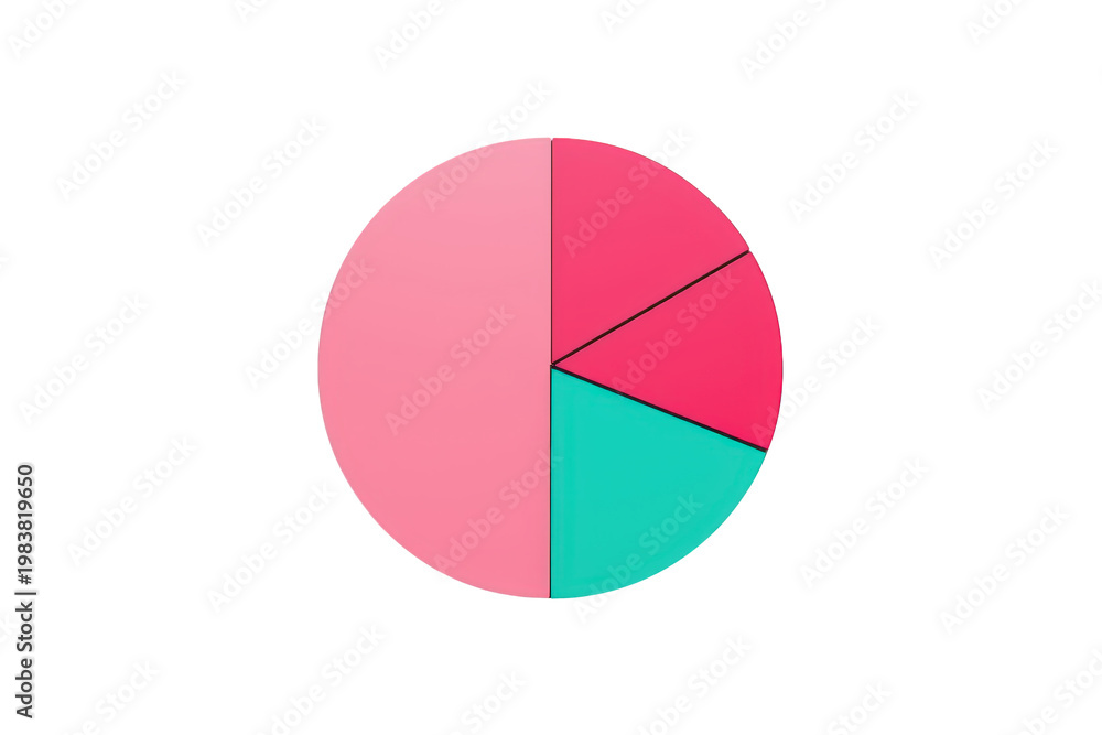 Obraz premium Abstract pie chart illustrating data distribution with four distinct segments in pink, red, and turquoise colors