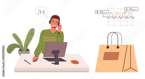 E-commerce, customer service, retail analytics, online shopping, sales support, work communication. Man in headset at desk with a shopping bag and graph. E-commerce and customer service concepts