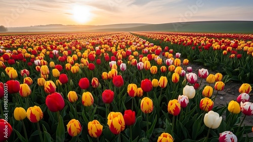 Vibrant Tulip Field at Sunrise - A Colorful Spring Landscape.