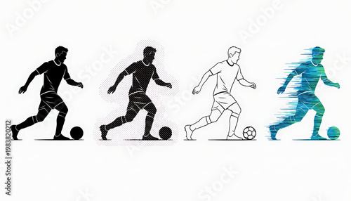 Black and white and color silhouettes of soccer players dribbling in different styles. Ideal for sports themes and soccer-related topics.