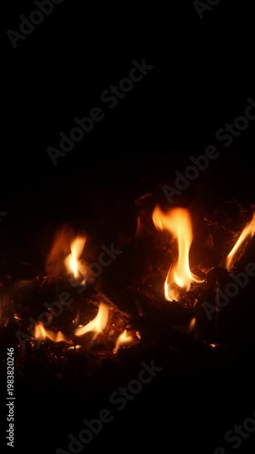 A bonfire burning brightly in the dark of night on a contrasting black background