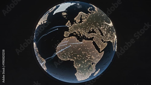 Glowing Digital Earth at Night Displays Shipping Routes Pulsing Across Oceans and Brilliant Cities