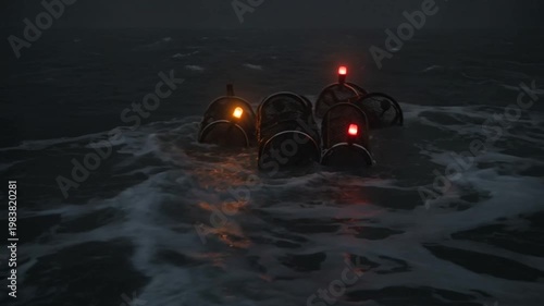 Dark Ocean Thunderstorm Scene with Floating Crab Pots and Marker Lights on Rough Seas