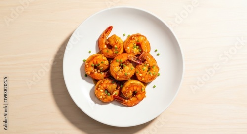 Glazed honey garlic prawns arranged on a white plate