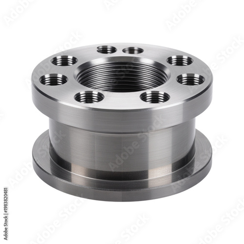 A cylindrical silver metal coupling with a central threaded bore and several smaller threaded holes