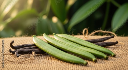 Green and cured vanilla beans resting on a rustic burlap material