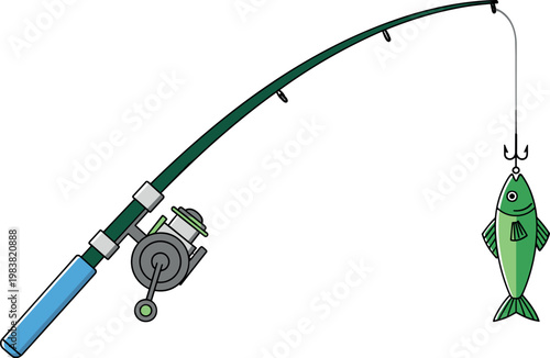 Fishing Rod and Fish Illustration Featuring Hooked Green Fish, Perfect for Outdoor, Sport, and Nature Themes in Digital Designs.