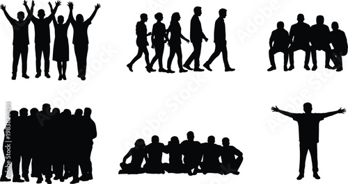 Group silhouette people in various poses, social interaction concept, human dynamics illustration, minimal black art design, community figure