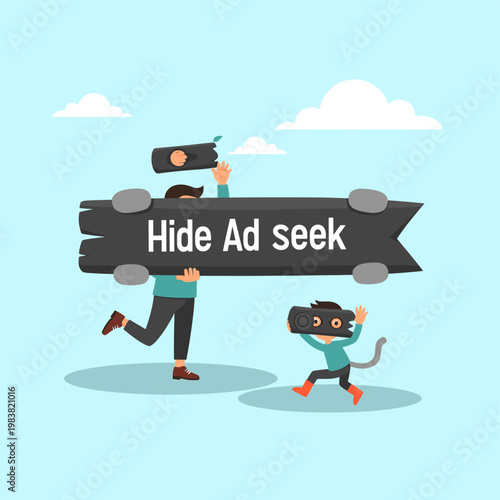 Two cartoon characters playing a game of hide and seek with a sign that says "Hide Ad seek".