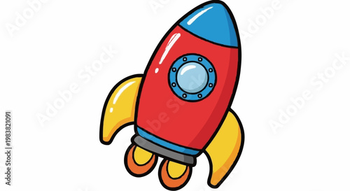 Vibrant cartoon rocket ship blasting off with red body, blue nose, yellow fins and gray band on clean background illustration
