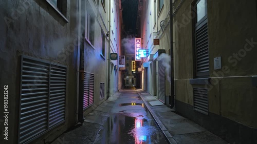 Narrow Dark Alley at Midnight With Heavy Rain and Puddles Feels Gritty and Cinematic