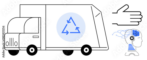 Recycling, sustainability, artificial intelligence, technology, waste management, eco-friendly solutions. Side view of a truck with a recycling emblem, hand graphic and AI-themed head. Recycling