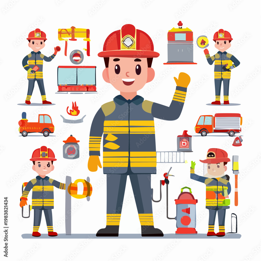 Fototapeta premium Flat cartoon firefighter character creator, rescue actions, fire equipment, protective gear, interchangeable poses, bold emergency