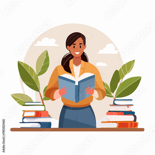 cartoon librarian character creator, reading, organizing books, library environment, interchangeable poses