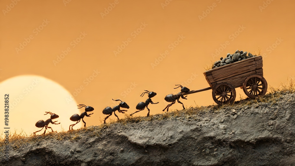 Obraz premium A line of ants pulling a wooden cart filled with green leaves up a rocky hill against a vibrant orange sunset background