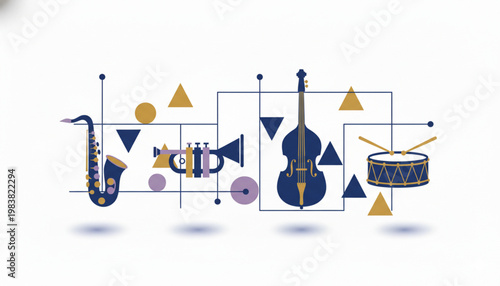 Modern artistic representation of jazz musical instruments including saxophone, trumpet, double bass, and drums, integrated with abstract geometric shapes on a white background.
