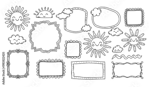 Cute doodle sun frame set hand drawn sunshine borders and decorative elements vector black and white