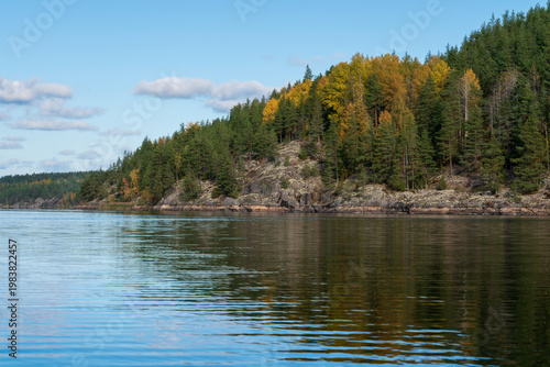 Rocky shores of Lake Ladoga near the village of Lumivaara on a sunny autumn day, Ladoga Skerries, Lahdenpohya, Republic of Karelia, Russia
