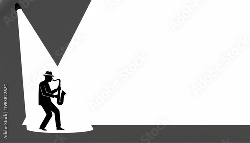 A silhouette of a man in a hat playing a saxophone on a stage under a bright spotlight, creating a dramatic and artistic scene.