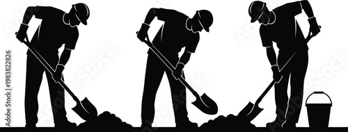 Construction workers, laborers, digging, shoveling, black silhouettes