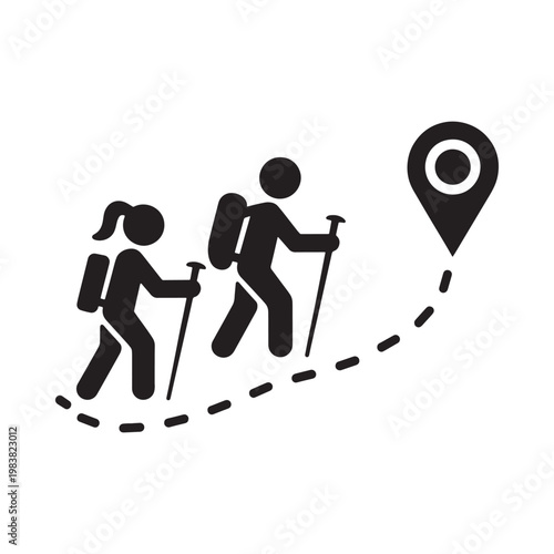 Hiking family with backpacks follows a dotted path toward a location marker