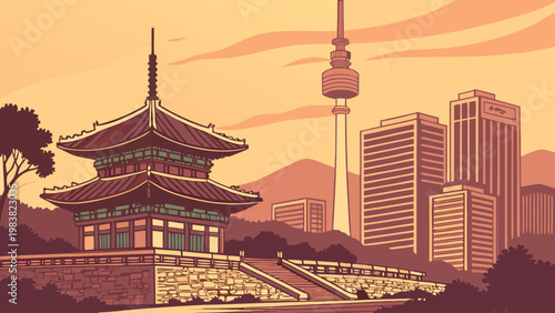 Seoul Skyline Vector Illustration with Traditional Palace and N Tower
