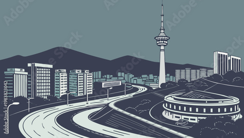 Seoul Skyline Vector Illustration featuring N Seoul Tower and Mountains