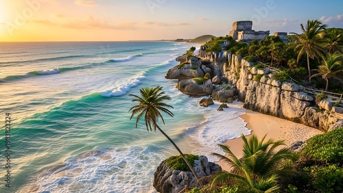 Tulums Ancient Mayan Ruins Overlooking the Turquoise Caribbean Sea.