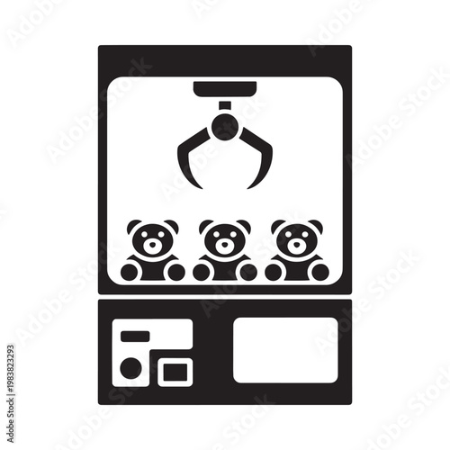 Black and white illustration of a claw machine with three teddy bears