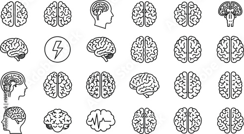Human brain icons set with neuroscience anatomy intelligence thinking mind medical research line vector illustration