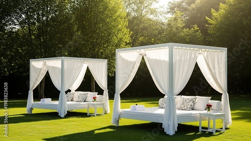 Two Elegant Outdoor Daybeds on Lush Green Lawn.