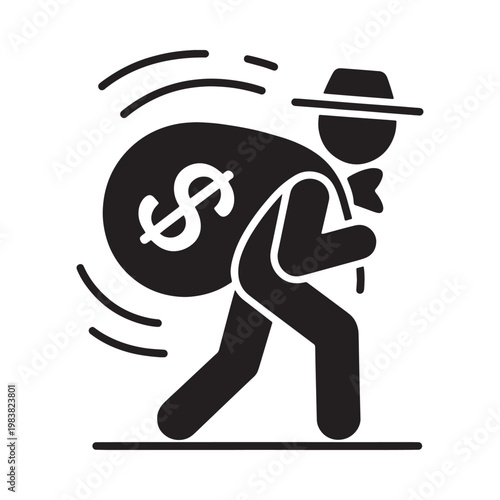 Silhouette of a thief running with a bag of money depicting robbery