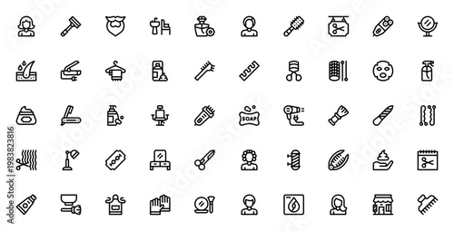 Hairdressing and Barbershop icon set. Vector barber shop collection. Includes hair cut, razor, beard, shampoo, hairdryer, scissors, mirror and more. Editable thin line icons.